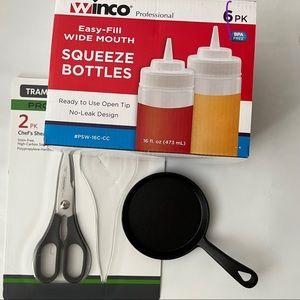 Chef Kitchen Scissors Shears Tiny Cast Iron Skillet 3 Squeeze Bottles